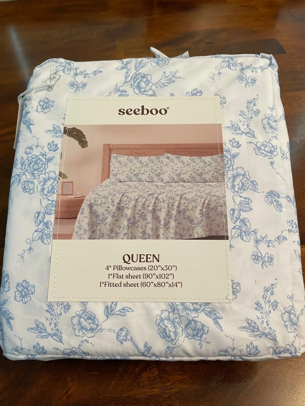 SEEBOO 6-piece Ultra Soft Sheet Set, Deep Pocket, Queen, Blue White